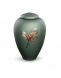 Glass cremation urn with robin - matt green, symbol of hope and remembrance