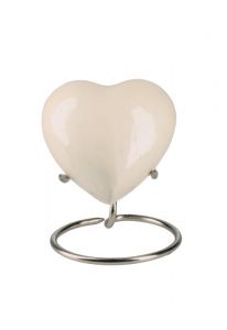 Small heart ashes urn 'Elegance' white pearlescent finish (stand included)