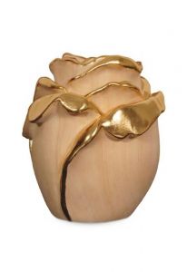 Rose cremation urn for ashes made of pinewood with gold-colored accents