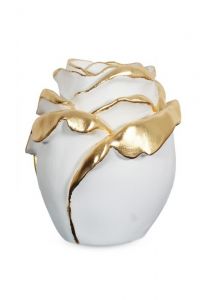 Rose cremation urn for ashes made of limewood - white with gold-colored accents
