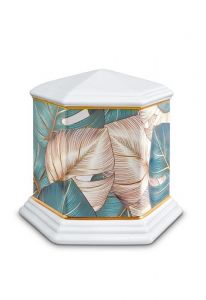Porcelain cremation urn for ashes 'Esagono' | Colorful leaves
