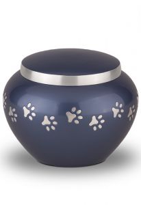 Blue pet urn with silver coloured pawprints | Medium