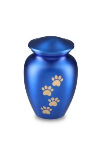 pet urn for ashes matte blue with gold-colored paw prints in various sizes