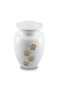 pet urn for ashes white with gold-colored paw prints in various sizes