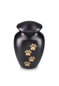 pet urn for ashes matte black with gold-colored paw prints in various sizes
