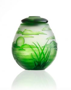 Crystal glass cremation urn with leaves