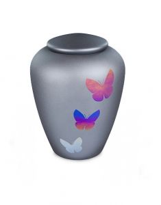 Glass cremation urn with butterflies graphite grey - symbol of transformation and freedom