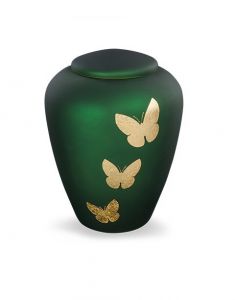 Glass cremation urn with butterflies green - symbol of transformation and freedom