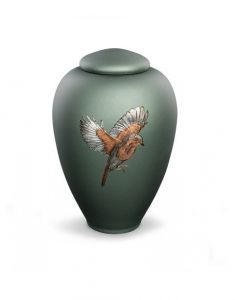 Glass cremation urn with robin - matt green, symbol of hope and remembrance