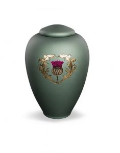 Glass cremation urn with thistle matt green - symbol of strength and protection