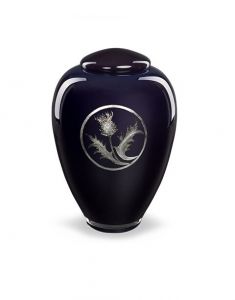 Glass cremation urn with thistle dark blue - symbol of strength and protection