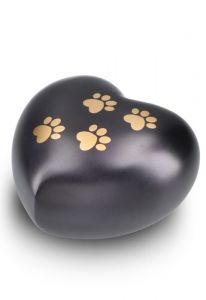 Heart-shaped pet urn for ashes matte black with paw prints in various sizes
