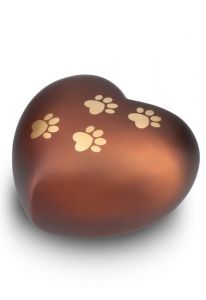 Heart-shaped pet urn for ashes matte brown with paw prints in various sizes