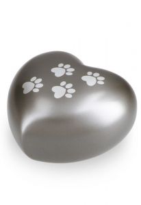 Heart-shaped pet urn for ashes French grey with paw prints in various sizes