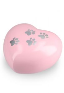 Heart-shaped pet urn for ashes pink with paw prints in various sizes