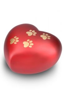 Heart-shaped pet urn for ashes matte red with paw prints in various sizes