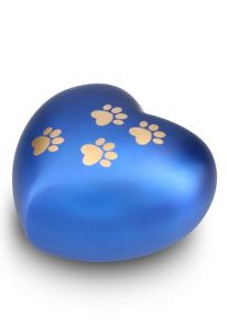 Heart-shaped pet urn for ashes matte blue with paw prints in various sizes