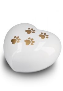 Heart-shaped pet urn for ashes white with paw prints in various sizes