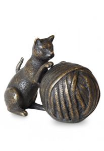 Bronze keepsake urn cat with ball of wool
