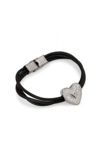 Leather cremation ash holder bracelet with zirconia stones heart
