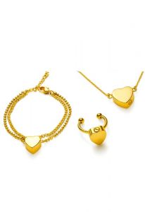 Cremation Jewellery Set with Heart in Gold-Plated Stainless Steel - Bracelet, Ring & Necklace