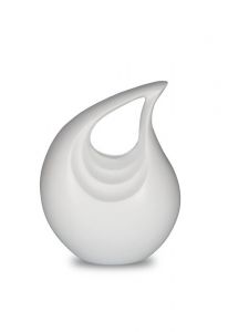 Small white teardrop cremation urn for ashes