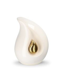 Teardrop cremation keepsake urn for ashess white with small gold-colored teardrop in various sizes