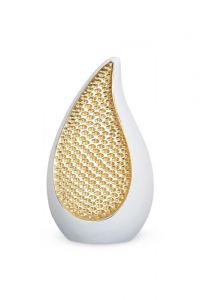 Teardrop cremation urn for ashes made of limewood - white and gold-colored