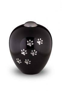 Black pet urn for ashes with silver coloured pawprints | Medium