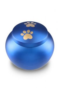 pet urn for ashes matte blue with 2 gold-colored paw prints in various sizes