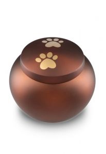 pet urn for ashes matte brown with 2 gold-colored paw prints in various sizes