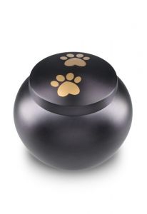 pet urn for ashes matte black with 2 gold-colored paw prints in various sizes
