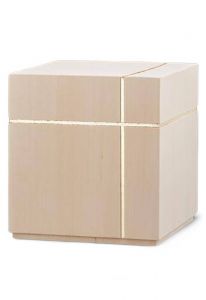Wooden Urn for Ashes 'Cube' natural lime with golden cross | SALE